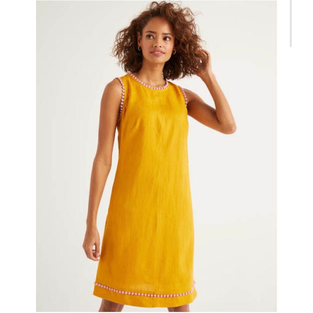Boden 100% linen pom pom trim dress yellow summer beach sz 4L